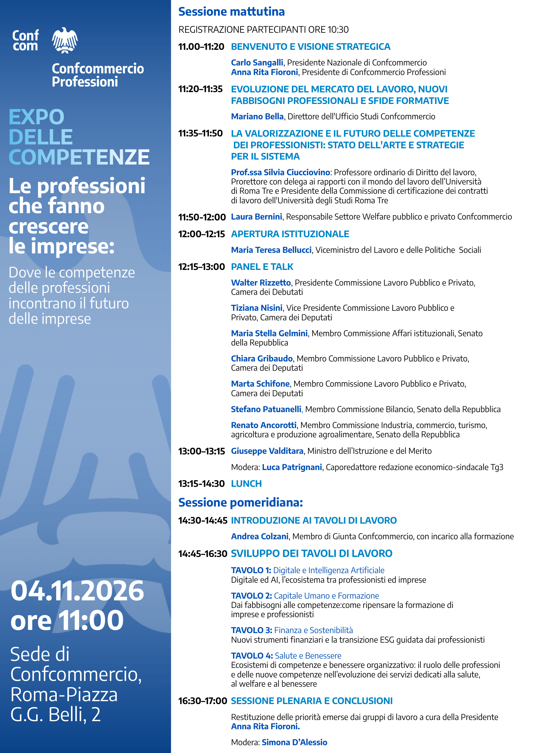 Programma completo di Expo delle Competenze, Roma 4 novembre 2026: sessione mattutina, tavoli di lavoro e sessione plenaria